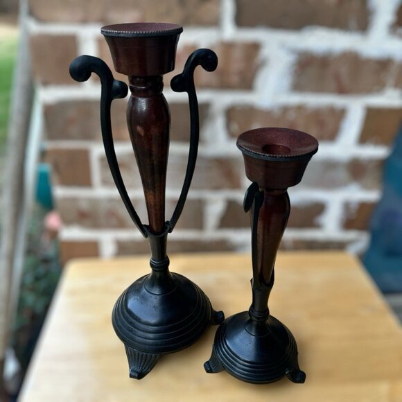 VTG Painted Yellow Brass Metal Candle Holders MCM Tripod 15" & 11.5" Set Of 2 - Picture 10 of 12